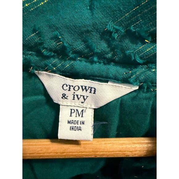 Crown & Ivy Size M Petite Ruffle Neck Tiered Midi Dress Emerald Green Gold Fall - Picture 13 of 13